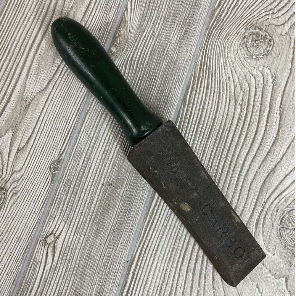 Vintage Carborundum No 57 Carbo Scythe Stone Sharpening Tool Wood Handle Green